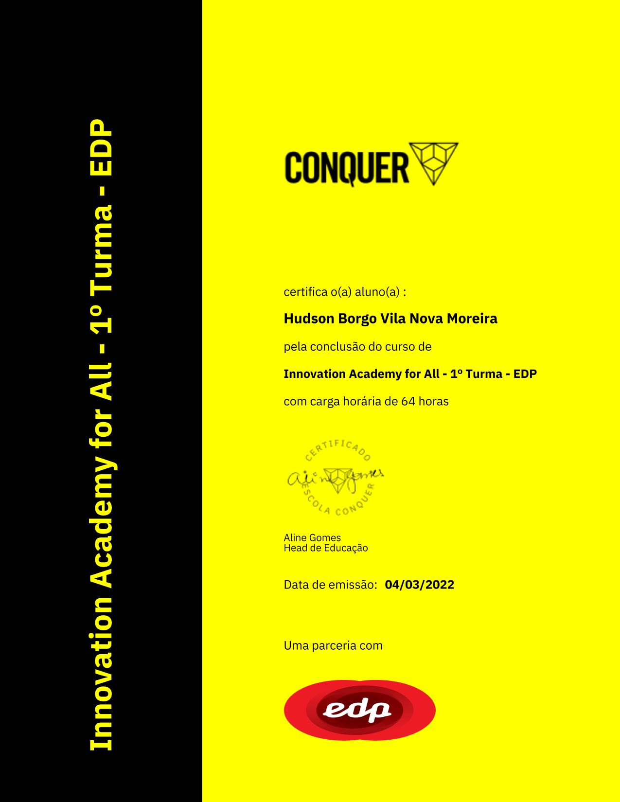 Certificado de Innovation Academy for All - 1º Turma - EDP